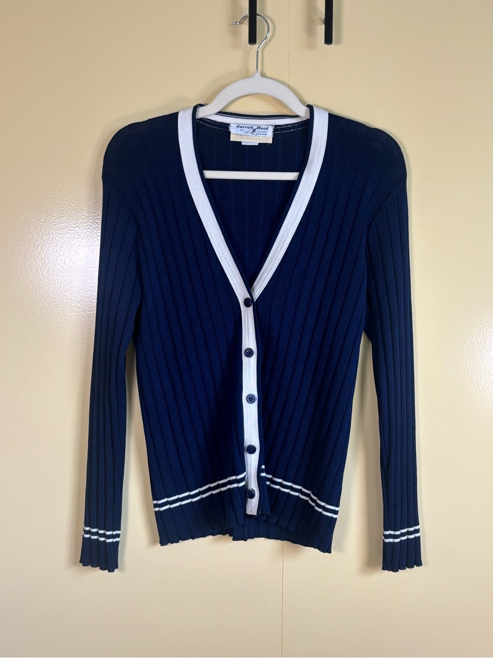Vintage Navy Ribbed Button-Front Cardigan with White Trim